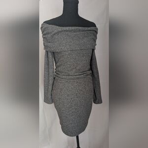 Off Shoulder Sweater Dress Gray Ribbed Bodycon Long Sleeve Small/Medium